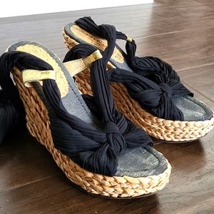 Black pleated chiffon gladiator lace up espadrilles platform wedge straw